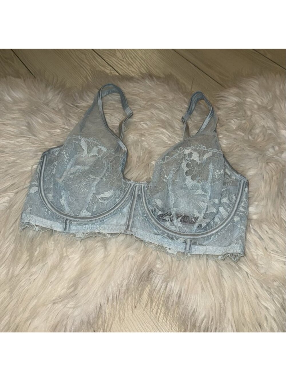 Victorias Secret Unlined Plunge Bra Sheer Lace Underwire Womens 34DD Blue New